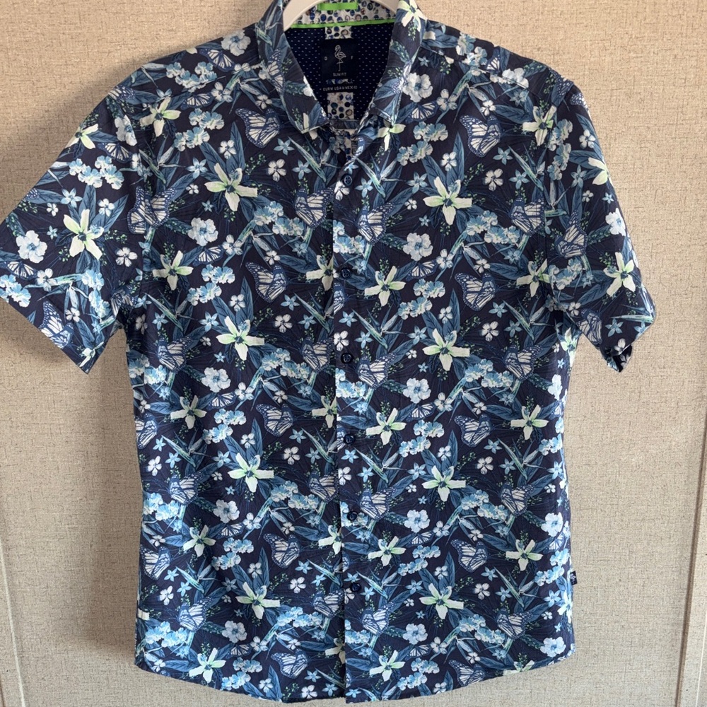 Denim & Flower Slim Fit Floral Button Down Shirt Medium Blue Tropical Vacation